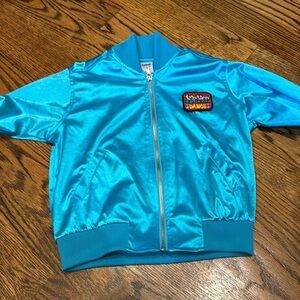 Girls turquoise satin bomber jacket size child small. Great 90s costume!